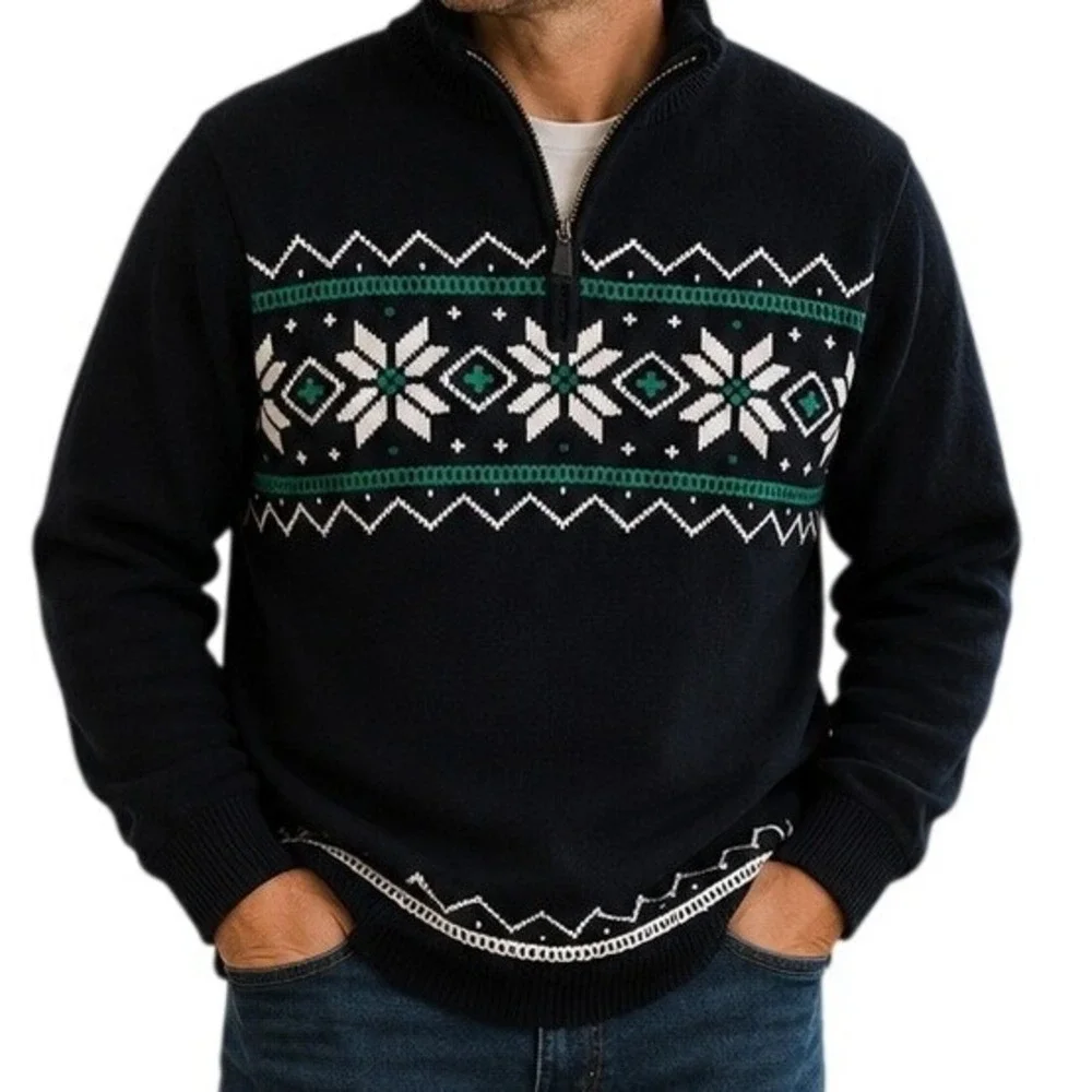 Chaps Navy Blue Fair Isle Snowflake Knit Quarter Zip Sweater‎ Men's XL